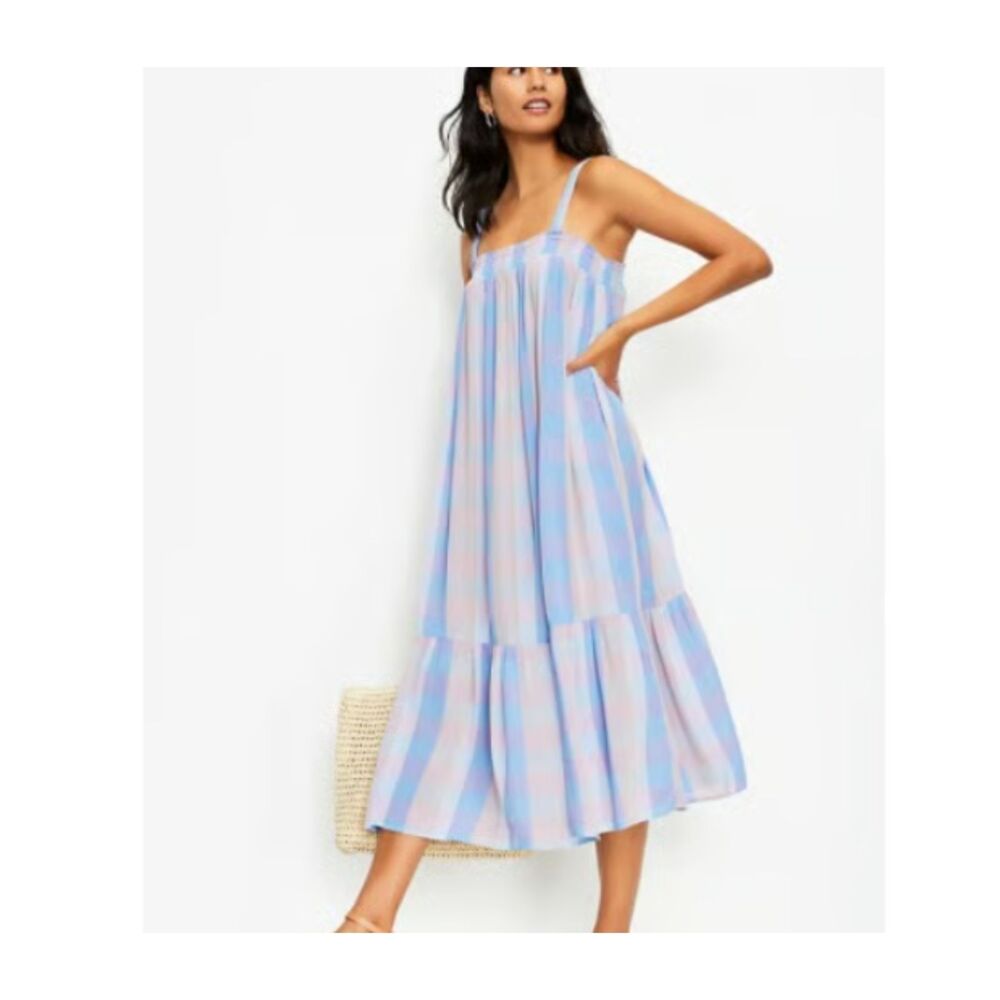 LOFT | NWT Lilac & Blue Check Plaid Midi Sun Dress | Large